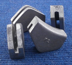 SET OF FOUR Brake Blocks - F2 Cast Iron, tapered face, radiused wheel flange corner, back slotted, 7 1/4"g - 10 1/4" g